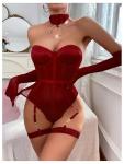 Burgundy Strapless Sheer Mesh Bodysuit Lingerie