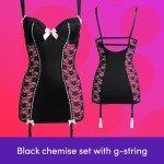 Lovehoney Womens Lingerie Black Seduce Me Lace Push Up Chemise Set - With Underwired Cups, G String & Suspenders - Plus Size: 22-24