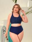 Aderea Plus Size Navy Zip Front Swim Top