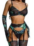 popiv Women Garter Belts and Stocking Sets Sexy Lace Mesh Lingerie Matching Bra and Panty Sets 5Pcs, Black Tie Dye, Medium