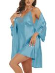 Silk Lace Pajama Set with Robe - Light Blue