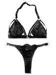 Lilosy Sexy Underwire Push Up Scallop Floral Lace Sheer Lingerie Set for Women Bra and Panty 2 Piece, black wireless chain, G
