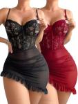 Foxiny Sheer Lace Corset Babydoll Lingerie Set