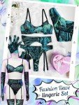 popiv Women Garter Belts and Stocking Sets Sexy Lace Mesh Lingerie Matching Bra and Panty Sets 5Pcs, Black Tie Dye, Medium