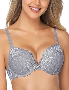 Wingslove Women's Push Up Bra Lace Comfort Padded Bra Add 1 Cup Brassiere Plunge Underwire Bra Lift Up Bras (Grey, 38C)