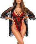 RSLOVE Lace Kimono Robe and Teddy Lingerie Set