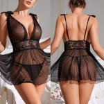 KJSUHFN Women's V Neck Sheer Mesh Babydoll Teddy Lingerie Set, Black, L