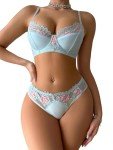 MakeMeChic Women's 2 Piece Lingerie Sets Floral Embroidery Mesh Sheer Spaghetti Strap Bra and Panty Set, Light Blue, Large