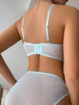 MakeMeChic Women's 2 Piece Lingerie Sets Floral Embroidery Mesh Sheer Spaghetti Strap Bra and Panty Set, Light Blue, Large