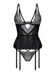 Women Sexy Lace Lingerie Set Eyelash Lace Bustier Corset with Garter Belt and G-String Panty Waist Belt 3 Piece Lingerie Set - Black - S
