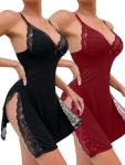 Foxiny Floral Lace Trim Split Side Nightgown Set