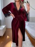 Burgundy Velvet Lace Robe with Belt for Women