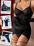 popiv Women Sexy Lingerie Set Sheer Mesh Lace Bodysuit Teddy Lingerie with Leg Wraps, Black, Medium