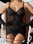 popiv Women Sexy Lingerie Set Sheer Mesh Lace Bodysuit Teddy Lingerie with Leg Wraps, Black, Medium