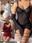 popiv Women Sexy Lingerie Set Sheer Mesh Lace Bodysuit Teddy Lingerie with Leg Wraps, Black, Medium
