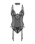 Selente Love & Fun Bold 3-Piece Lingerie Set - Guepiere/Corset, Thong and Exclusive Satin Eye Patch, Black-Mesh-Lace, XL/XXL