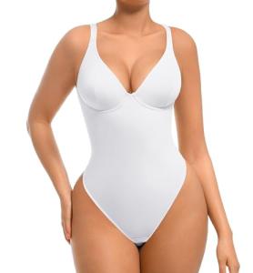 FeelinGirl White Deep V Neck Shapewear Bodysuit