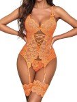 Donnalla Women Sexy Lingerie Set with Garter Belt Lace Bodysuit Teddy with Panty, Orange, S