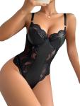 Lilosy Floral Lace Leather Push Up Corset Bodysuit
