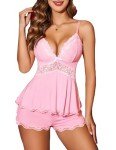 wearella Womens Sweetness Cami Set Lace Camisole Lingerie Nightwear Sexy Pajamas Lounge Sets - Pink - XX-Large