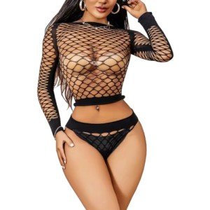 Kimfeng Fishnet Lingerie Set for Women Sexy 2 Piece Womens Lingerie Outfits Mesh Bodysuit Long Sleeve Crop Top and Panty Set, Black, One Size