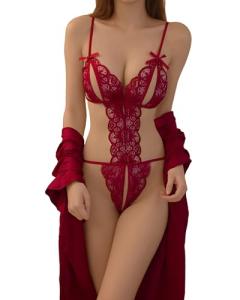 Sexy Lace Crotchless Bodysuit with Silk Robe