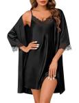 Black Satin Robe and Lace Cami Set