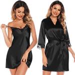 Black Satin Robe and Lace Cami Set