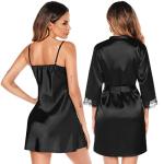 Black Satin Robe and Lace Cami Set