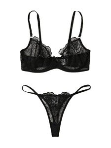 SOLY HUX Women's Embroidery Floral Mesh Sheer Underwire Lingerie Bra and Panty Set, Black Floral, Large