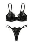 SOLY HUX Women's Embroidery Floral Mesh Sheer Underwire Lingerie Bra and Panty Set, Black Floral, Large