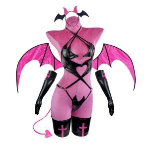 KORURACLUB Succubus costume Black premium pu cosplay lingerie for women Red wing devil lingerie(M)