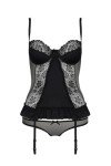 Selente Love & Fun Women's Multi-Piece Lingerie Set, Made in the EU, Corset with Suspender Holders and Briefs or Body/Open and Exclusive Satin Blindfold, Black Mesh Ruffles, L-XL