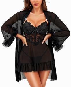 Sexy 2-Piece Babydoll and Lace Kimono Set