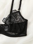 SOLY HUX Women's Embroidery Floral Mesh Sheer Underwire Lingerie Bra and Panty Set, Black Floral, Large