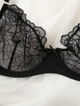 SOLY HUX Women's Embroidery Floral Mesh Sheer Underwire Lingerie Bra and Panty Set, Black Floral, Large