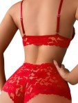 Lilosy Sexy Sheer Floral Lace Pajamas Lingerie Set High Waist Sleepwear Bra and Panty 2 Piece Nightwear, Strappy Bright Red, S