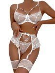 SCECXY 3 Piece Lingerie Set Chain Babydoll Underwire Bra and Panty Sets Underwire Lingerie with Garter Belt, White, Large