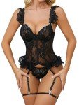Donnalla Sexy Lingerie for Women 3 Piece Floral Lace Corset Teddy Bodysuit with Garter Belt Babydoll Lingerie Set S-XXL, Black, Large