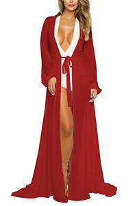 Red Mesh Long Sleeve Swim Cover-Up Dress