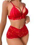 Lilosy Sexy Sheer Floral Lace Pajamas Lingerie Set High Waist Sleepwear Bra and Panty 2 Piece Nightwear, Strappy Bright Red, S