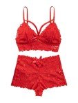 Lilosy Sexy Sheer Floral Lace Pajamas Lingerie Set High Waist Sleepwear Bra and Panty 2 Piece Nightwear, Strappy Bright Red, S