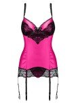 Obsessive Seductive lingerie set made of delicate corset with suspender straps and g-string, in a great gift box, fuchsia, S-M