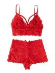 Lilosy Sexy Sheer Floral Lace Pajamas Lingerie Set High Waist Sleepwear Bra and Panty 2 Piece Nightwear, Strappy Bright Red, S