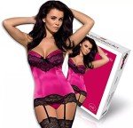 Obsessive Seductive lingerie set made of delicate corset with suspender straps and g-string, in a great gift box, fuchsia, S-M
