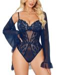 Avidlove Navy Blue Lace Teddy and Kimono Set