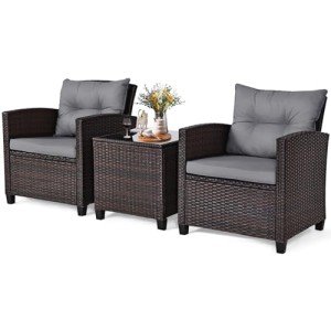 3-Piece Rattan Bistro Set with Cushions