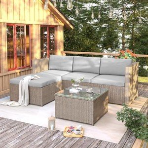 Khaki PE Rattan Garden Corner Sofa Set
