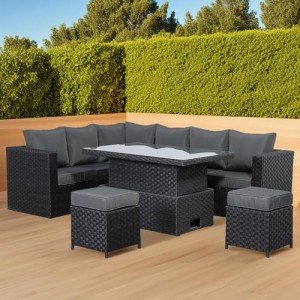 Black Rattan Corner Sofa Set with Rising Table