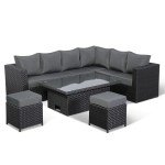 Black Rattan Corner Sofa Set with Rising Table